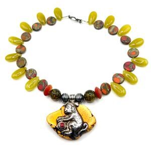 Vintage Tibetan Yellow Jasper Monkey Dragon Vein Agate Pendant Necklace